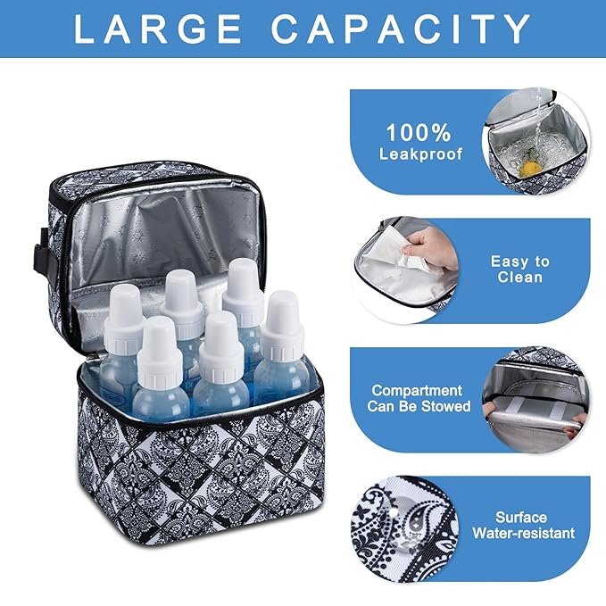 Breastmilk Cooler Bag with Ice Pack Fits 6 Baby Bottles up to 9 Ounce, Breast Milk Pump Cooler Bag with Shoulder Strap for Nursing Mom Daycare, Work, Travel- Black