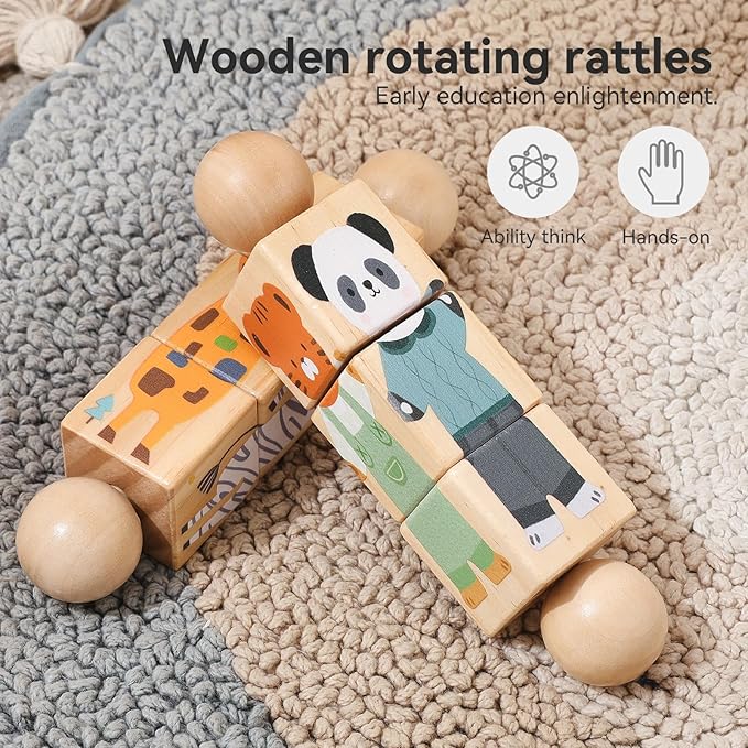 Promise Babe Wooden Animal Puzzle Toy for Toddlers 1-3, Rotating Spin Twist Blocks Set of 2, Learning Educational Montessori Toy Gifts for Kids Boys Girls, Giraffe & Brown Bear