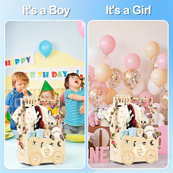 Wooden Baby Shower Basket with Hanger Rack - Personalized Baby Gift, Newborn Essentials Organizer for Nursery, Welcome Gift Basket for Newborn, Pregnancy Gifts for New Parents.