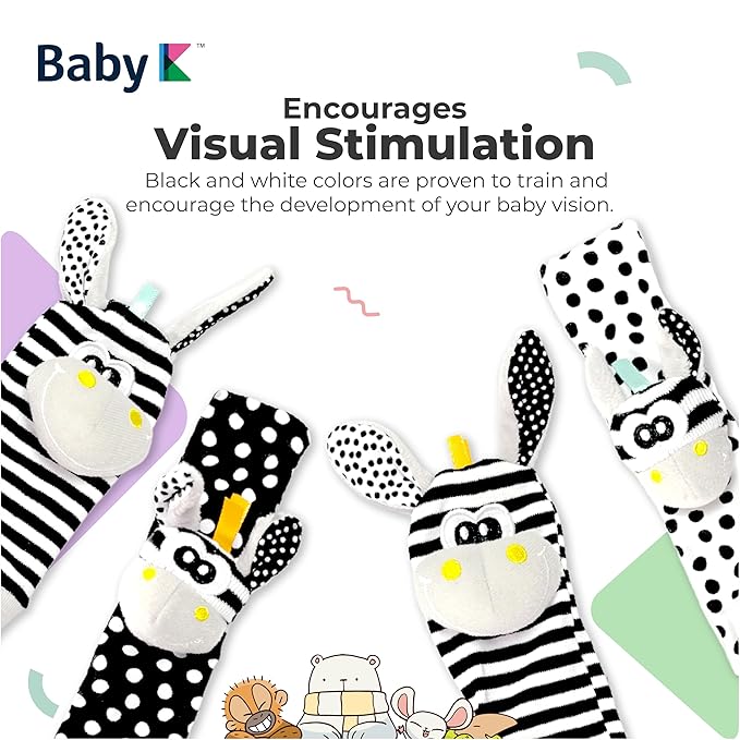 BABY K Foot Finder Socks & Wrist Rattles (Set J) - Newborn Toys for Baby Boy or Girl - Brain Development Infant Toys - Hand and Foot Rattles Suitable for 0-3, 3-6, 6-12 Months Babies