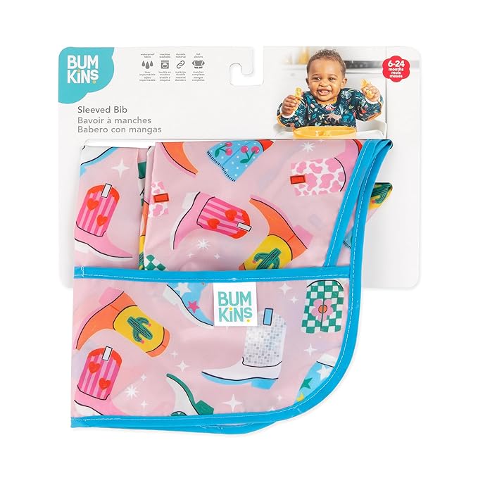 Bumkins Sleeved Bib for Girl or Boy Baby and Toddler for 6-24 Mos, Essential Must Have for Eating, Feeding, Baby Led Weaning Supplies, Long Sleeve Mess Saving Food Catcher, Soft Fabric, Cowgirl Boots