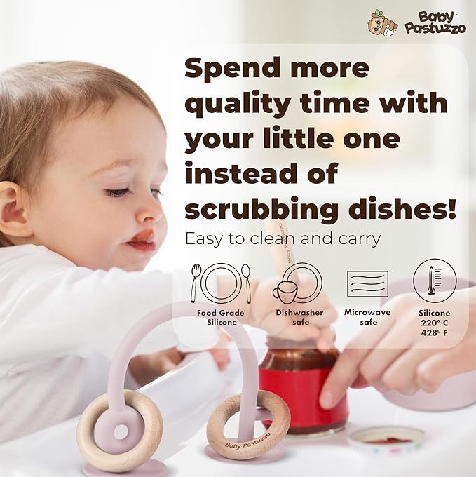 Set of Silicone Feeding Set 6 in 1 and Educational Montessori Toys, for Baby and Infant Toddlers (Rose Pink)