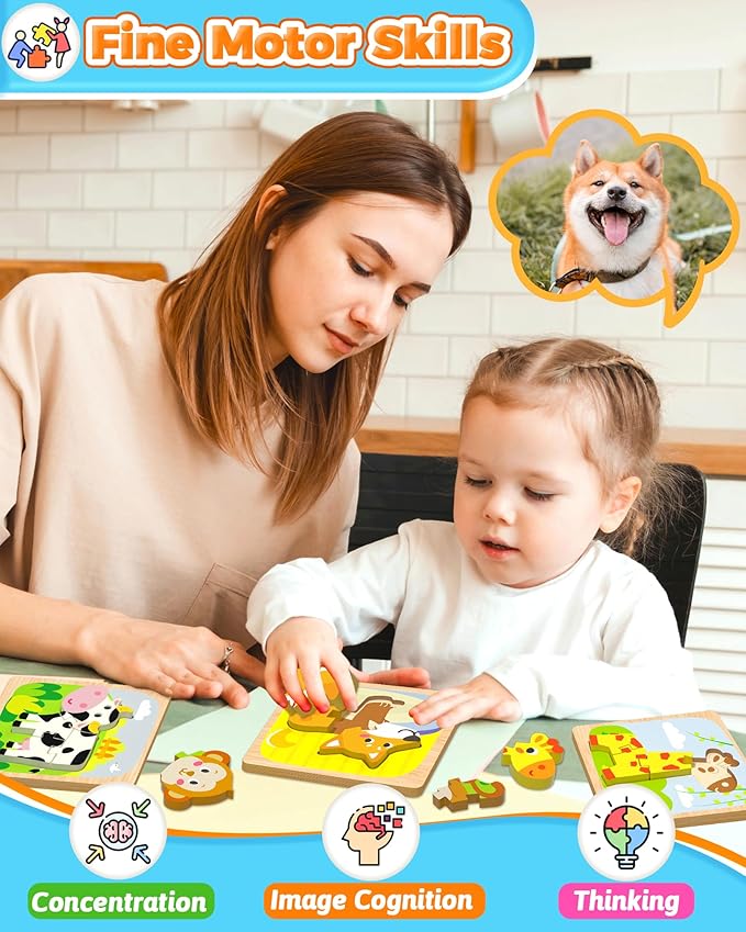 Benresive Wooden Toddler Puzzles, 4pcs Animal Montessori Toys for 1-3 Year Old Boys & Girls, Learning Educational Preschool Toys, Great Gifts for 1 2 3 Year Olds