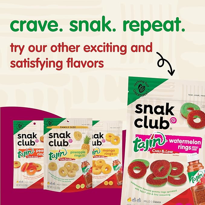 Snak Club Tajin Apple Rings Gummy Candy, Fruit Candy Gummies with Chili and Lime Seasoning, Mild, Gluten-Free and Vegan Snacks, 11 oz Resealable Bags, 3 Pack