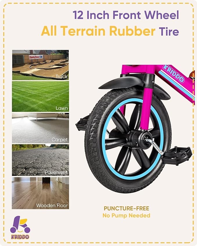 KRIDDO Kids Tricycle, 12 Inch Puncture Free Rubber Wheel w Front Light, Adjustable Seat Height, Gift for 2-5 Year Olds, Pink