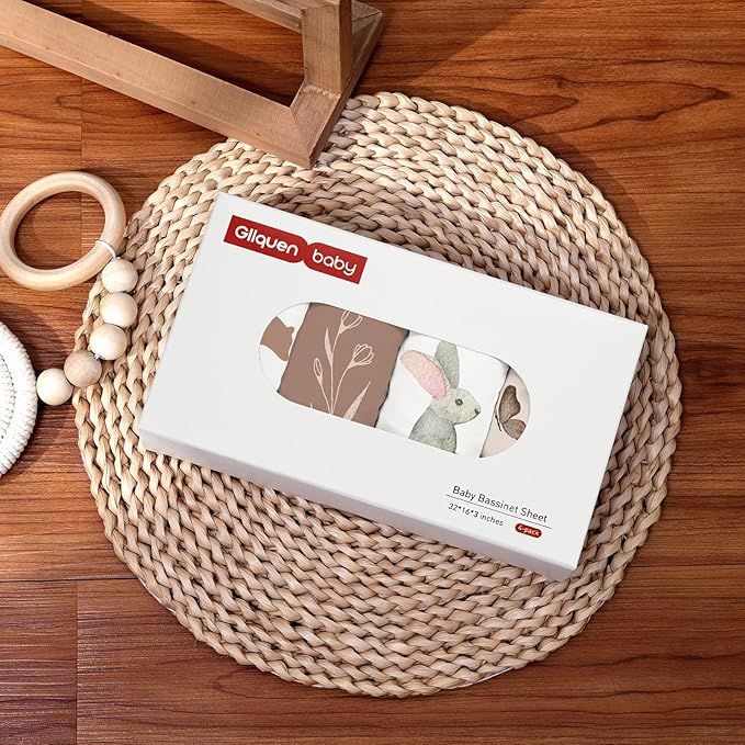 Gllquen Baby Bassinet Sheets 4 Pack, Breathable Cozy Fitted Mattress Sheet, Elastic Travel Crib Fashionable Floral Pattern, Standard Cradle Safe Sheets for Baby Boys Girls 32"x16" (Bear)