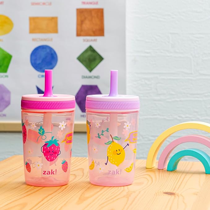 Zak Designs Kelso Toddler Cups For Travel or At Home, 15oz 2-Pack Durable Plastic Sippy Cups With Leak-Proof Design is Perfect For Kids (Sweet Berry, Lemon Zest)