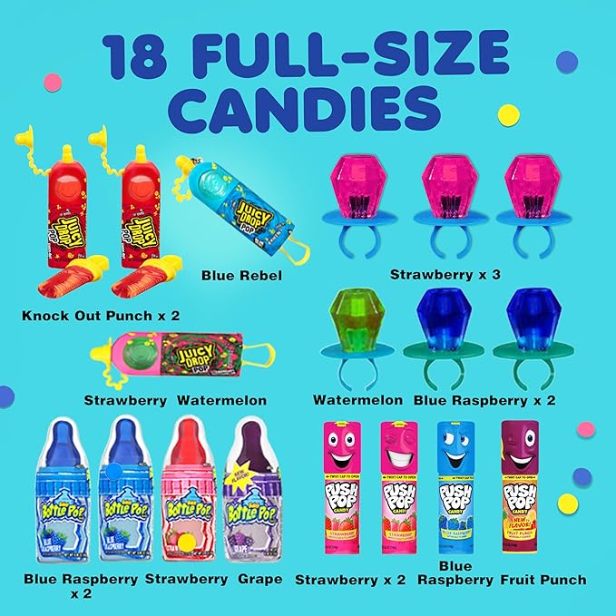 Candy Variety Pack, 18 Count Assorted Lollipops, Bulk Individually Wrapped Ring Pop, Push Pop, Baby Bottle Pop & Juicy Drop, Ideal for Birthdays, Party Favors for Kids & Hard Candy Gifts