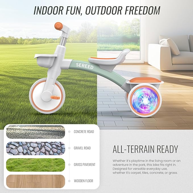 SEREED Colorful Lighting Toddler Tricycle for 2-5 Years Old Boys Girls, Adjustable Seat&Handlebar Trike, Removable Basket, Birthday Gift Idea for Kids Ages 2+ (Green)