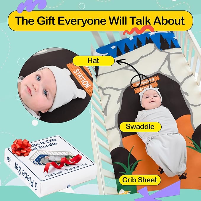 Cuddle Club Newborn Swaddle Gift Set – Includes Swaddle Blanket, Hat & Crib Sheet in Fun Styles – For Baby Boys & Girls