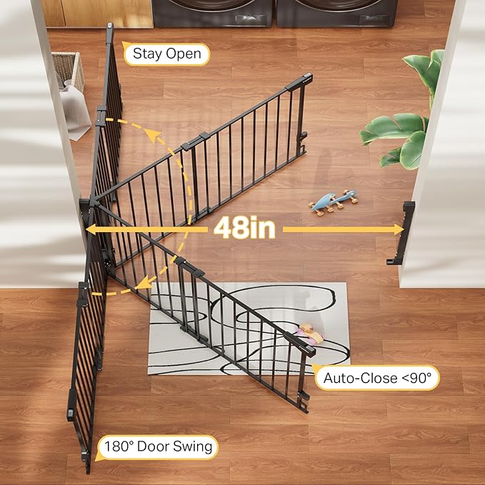 Cumbor Expandable 31.6-48" Baby Gate for Stairs, Wall-Mounted, 2-in-1 No Bottom Bar Dog Gate Indoor, Pet Gate for Doorways with Large Walk Thru Door, Child-Proof Safety Gate for Kids (Black)
