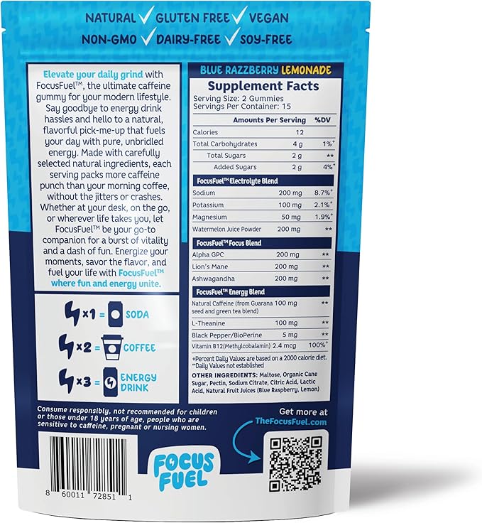 Energy Chews – Blue Razzberry Lemonade (15 Servings) – 100mg Caffeine + Alpha GPC + L-Theanine + B12, Magnesium – Great Taste – No Crash or Jitters