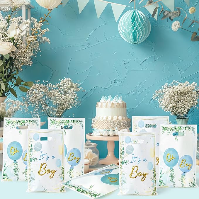 Baby Shower Party Favor Bags - 50Pcs Watercolor Blue Greenery Sweet Goody Candy Treat Gifts Bags, It's a Boy Themed Party Decorations for Baby Boys Birthday Gender Reveal Events Supplies