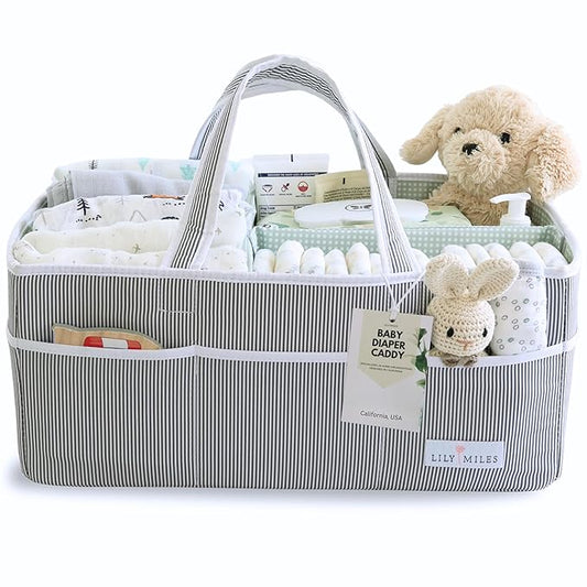 Lily Miles Baby Diaper Caddy - Organizer Tote for Infant Boy or Girl - Baby Shower Basket - Nursery Must Haves - Registry Favorites - Newborn Caddie Car Travel - Gray/Mint, Extra Large