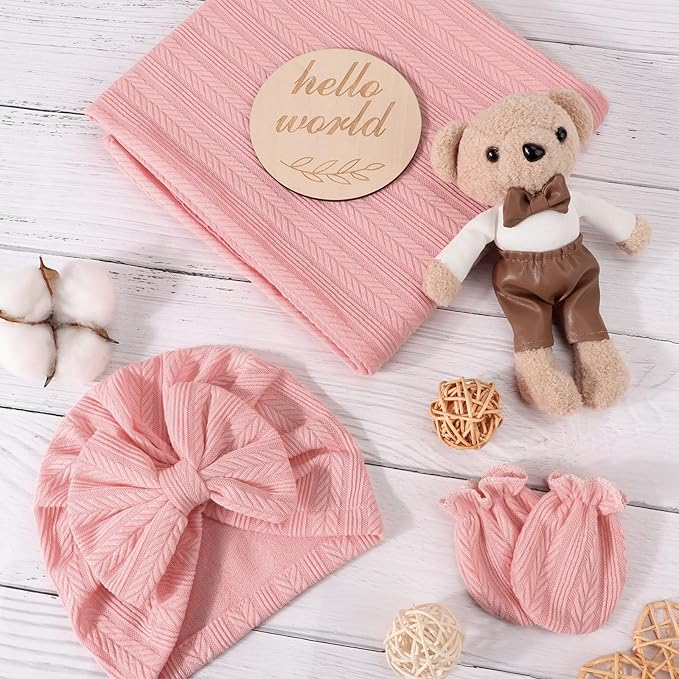 Newborn Receiving Blanket with Bow Hat Headband Wooden Card Set Wheat-Pattern Newborns Toddler Baby Boy Girl Nursery Swaddle Wrap