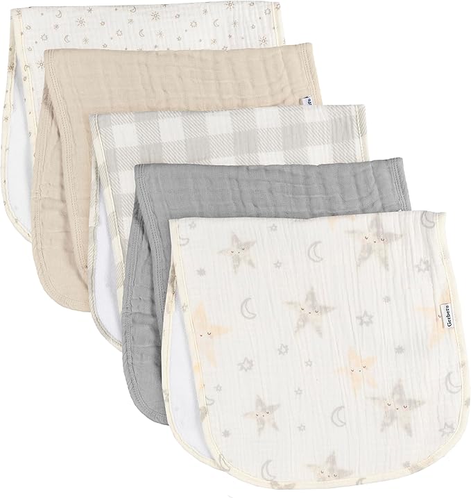 Gerber Baby Unisex Muslin Burp Cloths 5-Pack, Multi Stars, Large Size 20" x 10"
