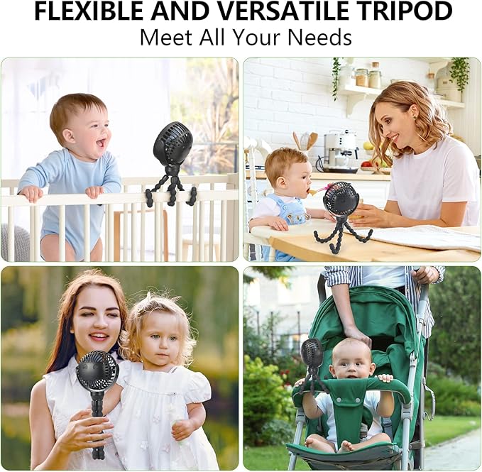 snawowo Mini Portable Baby stroller Fan, Battery Operated Personal Small Handheld Fan, 360° Rotate Flexible Tripod Rechargeable Clip On for Car Seat Crib Bike Treadmill Travel Camping Black