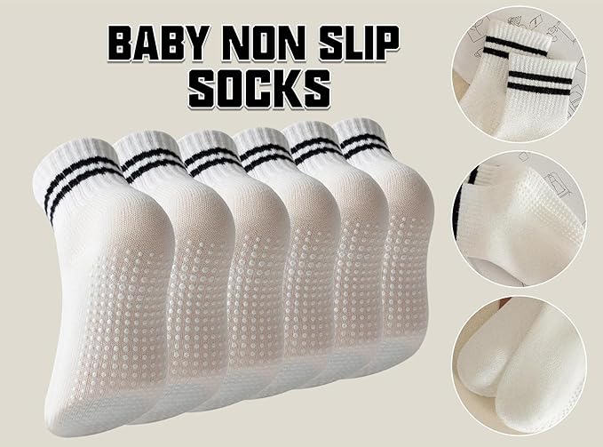 Toddler Grip Socks with Non-Slip, Unisex Baby Retro Stripe Seamless Crew Ankle Cotton Socks for Girls Boys 6 Pairs
