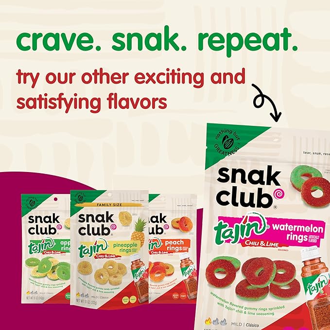 Snak Club Tajin Mango Rings Gummy Candy, Fruit Candy Gummies with Chili and Lime Seasoning, Mild, Gluten-Free and Vegan Snacks, 2.25 oz Snack Bags, 12 Pack