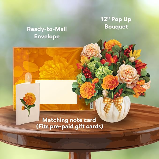 Freshcut Paper Pop Up Cards, Pumpkin Spice, 12 Inch Life Sized Forever Flower Bouquet 3D Popup Greeting Card, Autumn Cards, Birthday Card, Blank Notecard & Envelope