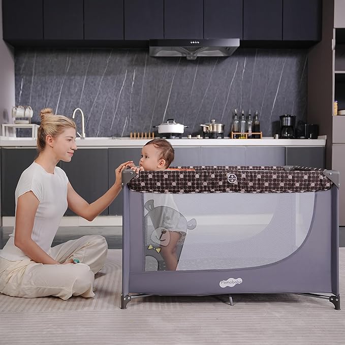 Pamo Babe Portable Crib Baby Playpen with Mattress and Carry Bag Grey
