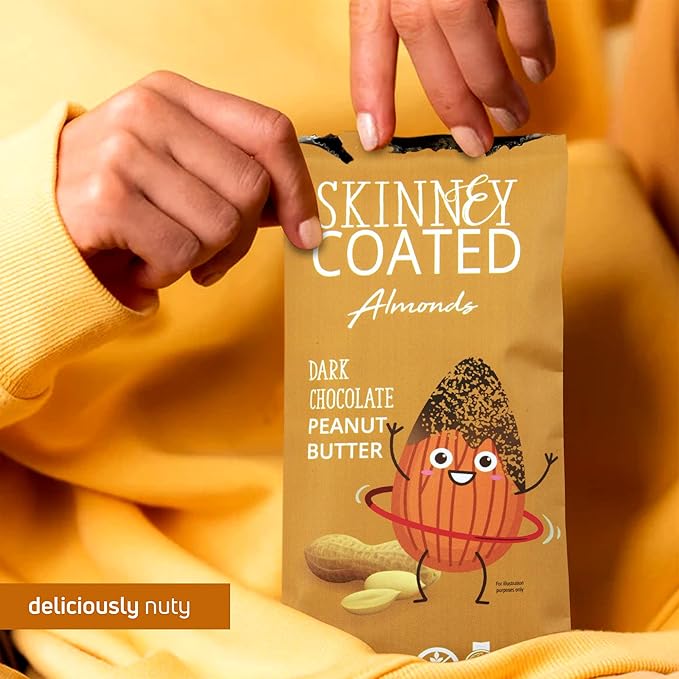 Skinny Coated Dark Chocolate Peanut Butter Snacks, Peanut Butter Covered Almonds Healthy Chocolate Snacks in Bulk - Skinny Almonds, Kosher, Gluten Free Sweet Snacks for Adults, 1.2Oz Bag, 6 Pack