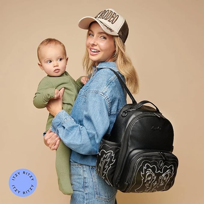 Itzy Ritzy Mini Diaper Bag Backpack – Chic, Compact Mini Plus Backpack with Changing Pad, 10 Pockets (6 Internal, 4 External), Grab-Top Handle & Rubber Feet (Outlaw)