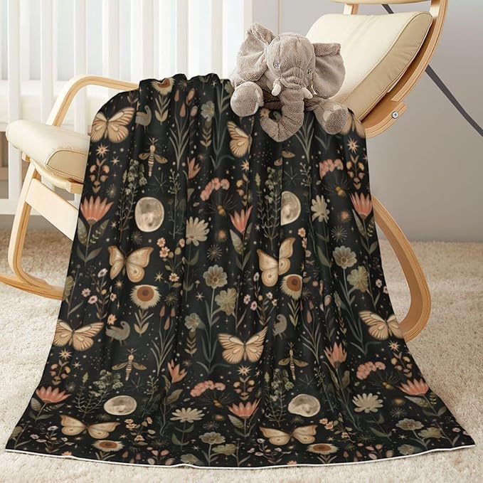 Baby Blanket Vintage Butterfly Moon Flower for Boy Girl Newborn 30x40 Inch Toddler Infant Nursery Throw Blankets Double Layer Comfy Soft Plush Stroller Crib Quilt