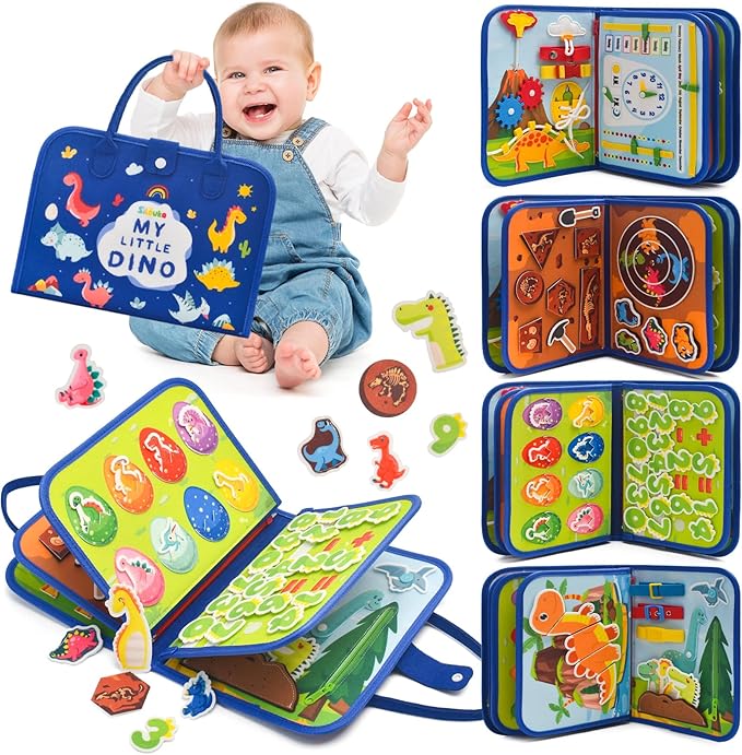 Busy Board Montessori Toys for Toddlers 1 2 3 4 Years Old, Busy Book for Toddlers 1-3 to Develop Fine Motor Skills, Travel Educational Gift for Boys (Dinosaur)