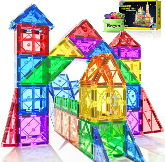 52PCS Magnetic Tiles Toys for 3 Year Old Boys and Girls Magnetic Building Blocks STEM Learning Toys Sensory Montessori Toys for Toddlers Kids