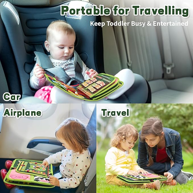 Toddler Busy Board Montessori Toys, Sensory Board Busy Book, Busy Board for Toddlers 2-4, Preschool Learning Activities with Life, Forest Animals Green, 8 Pages and 2 Pages Sensory Mats