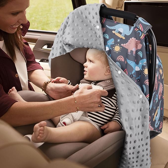 Metplus 2 in 1 Dinosaur Baby Car Seat Cover, Car Seat Canopy for Babies, Mom Multiuse Nursing Cover, Minky Baby Carrier Covers, Newborn Boy Girl, Peekaboo Opening