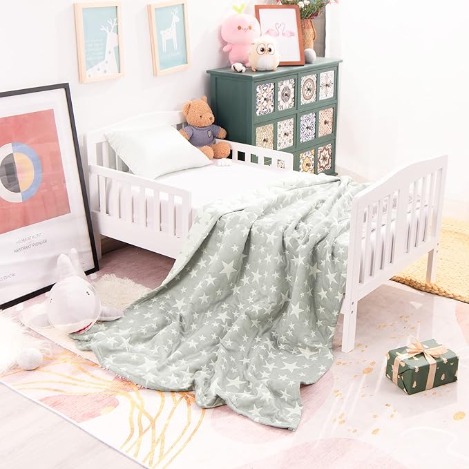 NTBAY 3 Layer Oversized Muslin Cotton Toddler Blanket, 45x60 Inches Jacquard Reversible Nursery Bed Blanket, Super Soft and Thermal Crib Blanket for All Seasons, Baby Gift, 45"x60", Grey/White Star