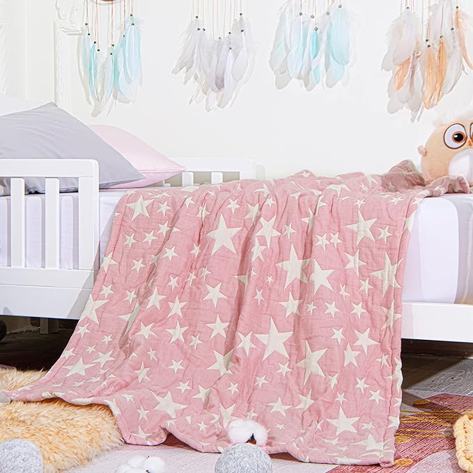 NTBAY 3 Layer Toddler Blanket, Muslin Cotton Jacquard Bed Blankets, Lightweight Thermal Baby Blanket, Super Soft and Warm Crib Blanket for All Seasons, Decoration Gift, 30"x40", Pink Star