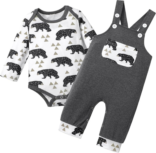 Baby Boy Clothes Long Sleeve Animal Plaid Romper + Overalls Infant Boy Clothes 2PCS Fall Winter Outfits