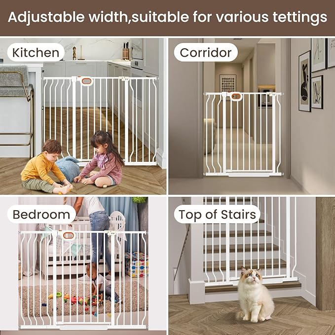owlie 37.4" Extra Tall Wide Baby Gate for Stairs Doorways,47-57 Inch Extra Large Long Baby Gate with Door Indoor Safety Metal Pressure Mounted Pet Gate with Walk-Thru Auto Close, White