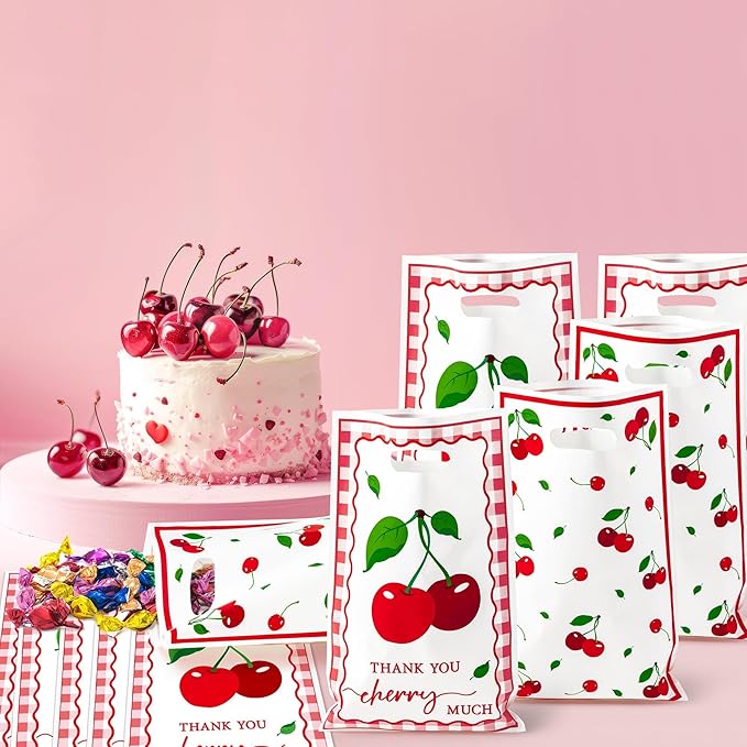 Cherry Party Favor Bags - 50Pcs Red Sweet Cherries Goody Candy Treat Gifts Bags, Fruit Berry Themed Party Decorations for Kids Girls Boys Birthday Baby Shower Fruit Events Supplies