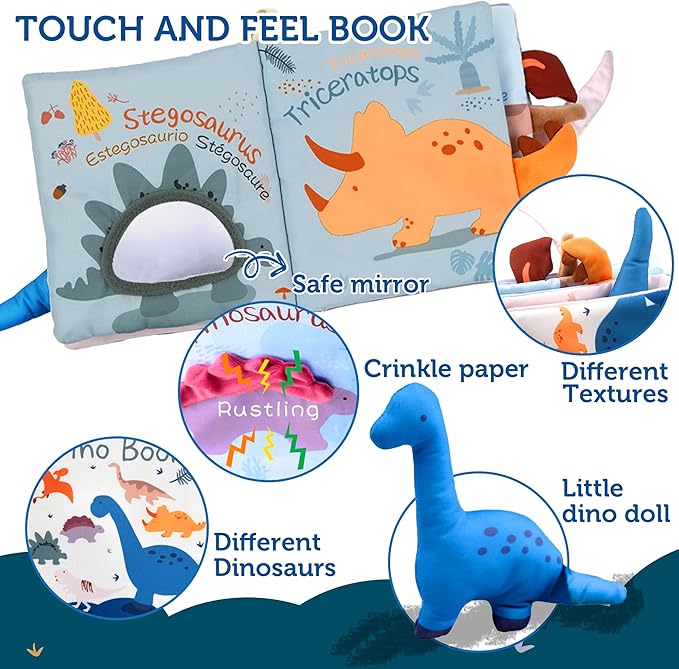 Richgv Baby Books Toys 0-6-12 Months, Baby Boy Gifts Touch and Feel Crinkle Books with Dino Doll, Newborn Infant Carseat Toys 6-9-12 Months Shower Gifts Easter Basket Stuffers