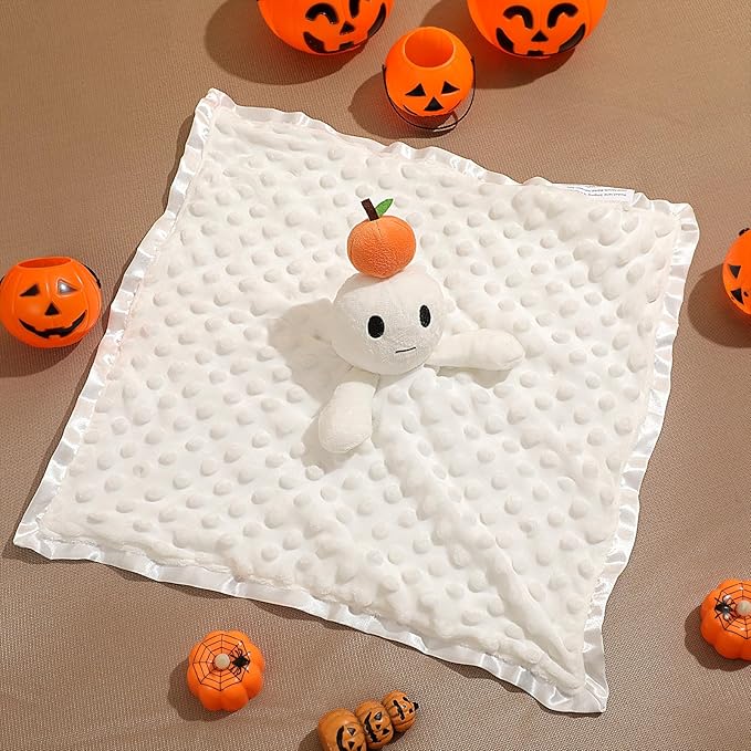 16 in Halloween Pumpkin Ghost Security Blanket Loveys for Babies Newborn Infant Toddler Orange Soft Stuffed Security Blanket with Toy Rattle Lovely Plush Sleeping Snuggle Gifts Baby Gifts