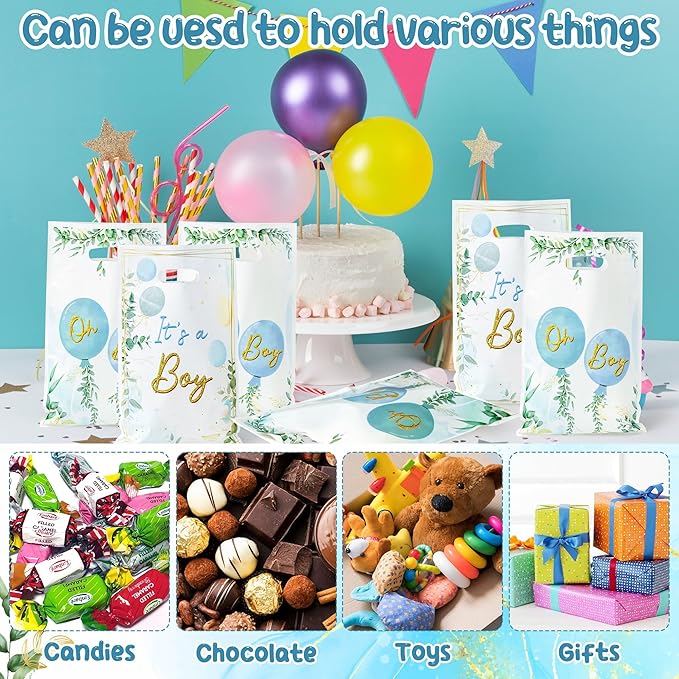 Baby Shower Party Favor Bags - 50Pcs Watercolor Blue Greenery Sweet Goody Candy Treat Gifts Bags, It's a Boy Themed Party Decorations for Baby Boys Birthday Gender Reveal Events Supplies