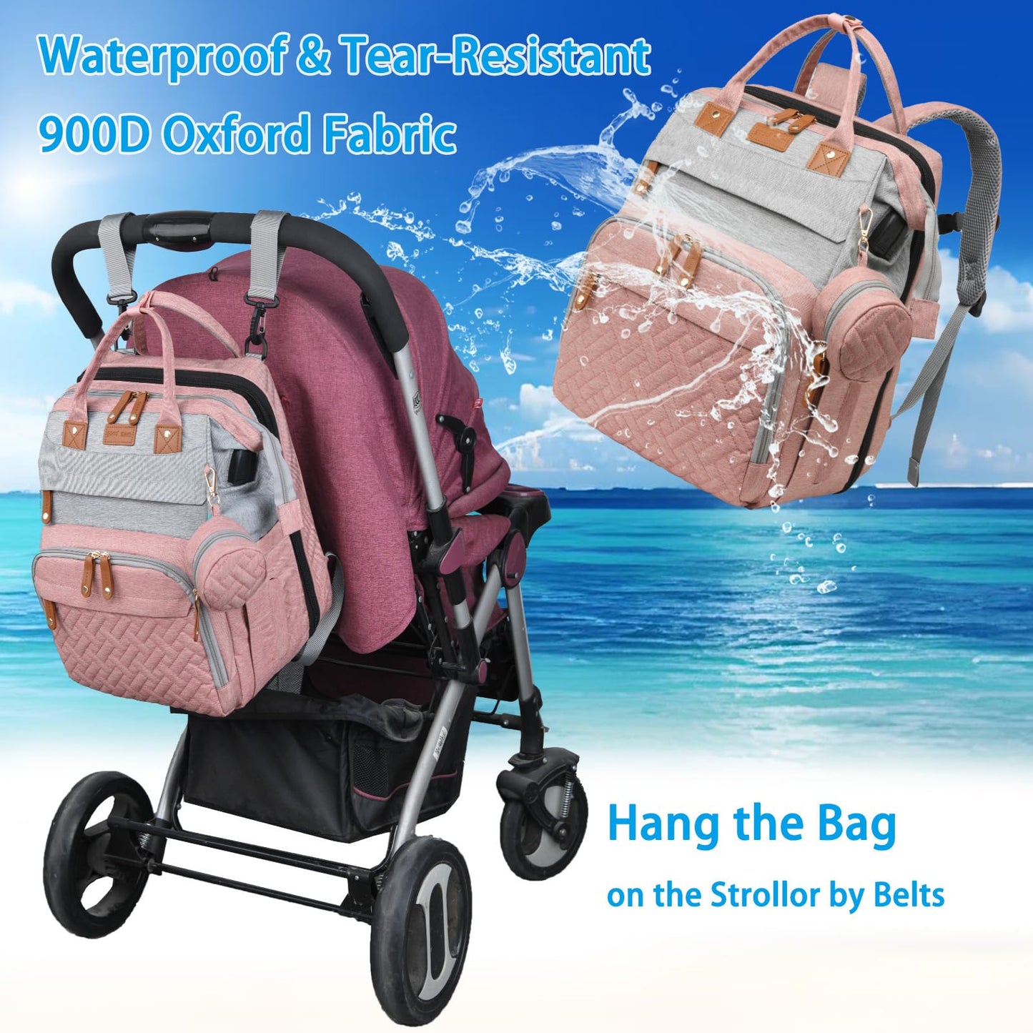 Jeryswet Baby Diaper Bags with Changing Station, Waterproof Large Capacity Diaper Bag Backpack for Moms Dads with USB Charging Port and Stroller Straps, Baby Shower Gifts, Pink-Grey