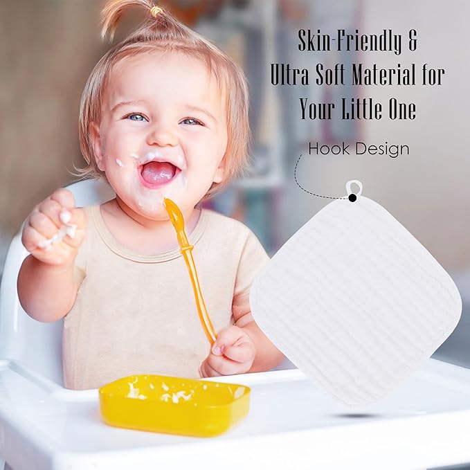 Baby Washcloths -100% Cotton Muslin Soft Baby Bath Wash Cloths and Absorbent Baby Wipes for Newborns Kids Girls and Boys - 12 Pack, 12x12 Inches - White