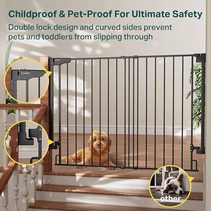 Cumbor 34" Extra Tall No Bottom Bar Baby Gate for Stairs, Wall Mounted Dog Gate Indoor for Larger Pets, Expandable 31.6-48" Safety Gate for Doorways, Wide Walk Thru Door for Easy Access (Black)