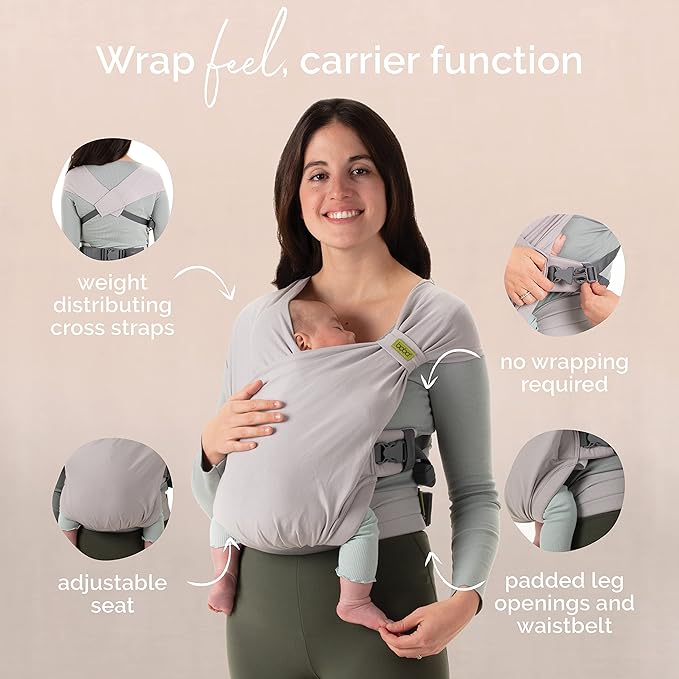 Boba Bliss Pre-Wrapped Baby Carrier with Buckle - Newborn to 7-35 lbs Light, Breathable & Easy to Adjust Hybrid Infant Sling & Toddler Carrier - Certified Hip-Healthy for 0-18 Months - Gray
