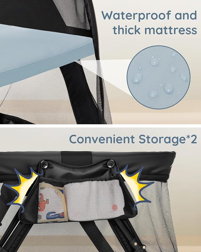Lilian&Gema 2-in-1 Travel Crib, Portable Crib with Backpack, Lightweight Baby Travel Playpen, Foldable Play Yard with Thick Mattress for Babies & Toddlers, Baby Travel Essential