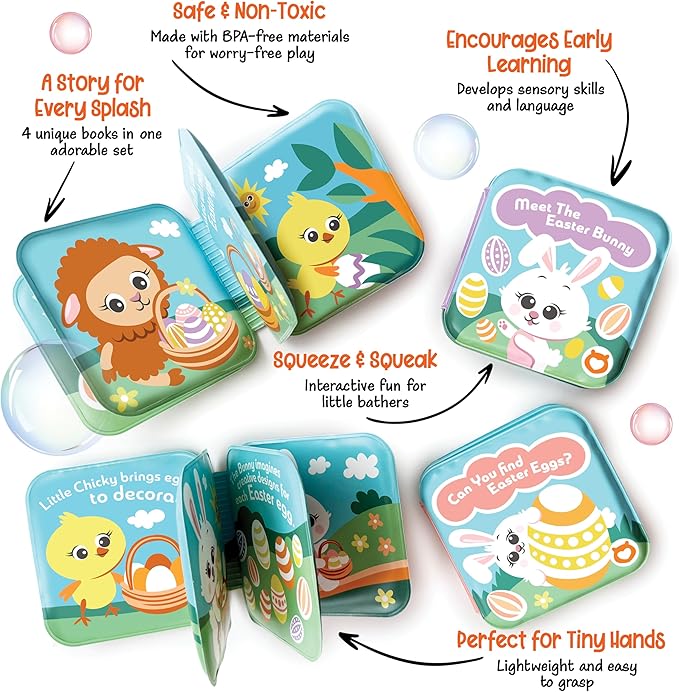 Easter Bath Book Set for Babies & Toddlers – 4 Colorful, Soft, and Waterproof Bath Books with Bunny & Animal Friends – Fun Bath Toys & Basket Stuffers – Perfect for Easter & Baby Showers