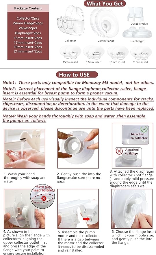 Two Full Breast Pump Parts only Compatible with Momcozy M5 Breast Pump, Not for Others,Including 8pcs Flange Inserts 15/17/19/21mm*2, 24mm Flange*2, Collector*2, Duckbill Valve*2,Diaphragm*2