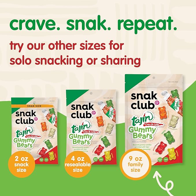 Snak Club Tajin Gummy Bears, Assorted Fruit Candy Gummies with Chili and Lime Seasoning, Mild, Gluten-Free and Vegan Snacks, 20 oz Resealable Bag