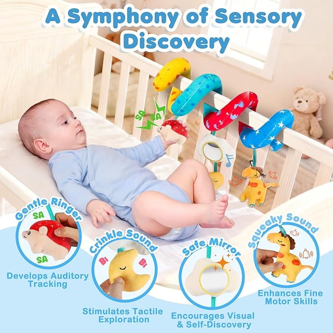 URMYWO Spiral Car Seat Toys for Babies 0-6 Months, Hanging Toy Fits Stroller, Developmental Sensory Baby Toy with Teether Crinkle Mirror, Baby Travel Gear Shower Gift for Boys Girls