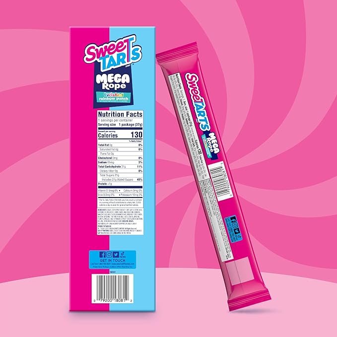 SweeTARTS Mega Filled Ropes Candy, Twisted Rainbow Punch, Sweet and Tart, 1.32 oz (Pack of 24)